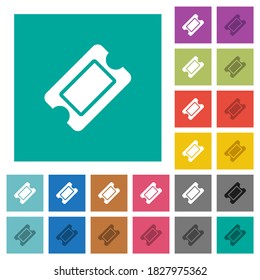 Single ticket multi colored flat icons on plain square backgrounds. Included white and darker icon variations for hover or active effects.