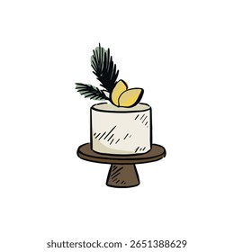 A single tier cake on a brown stand with lemons and tropical leaves.
