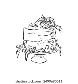 Eine einstufige Hochzeitstorte, die mit Blumen dekoriert ist. Halb nackter Kuchen mit Vereisung. Schwarz-weiß vektorisierte Handzeichnung.