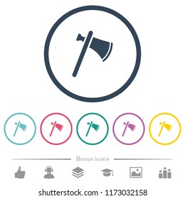 Single tomahawk flat color icons in round outlines. 6 bonus icons included.