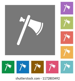 Single tomahawk flat icons on simple color square backgrounds