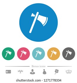 Single tomahawk flat white icons on round color backgrounds. 6 bonus icons included.