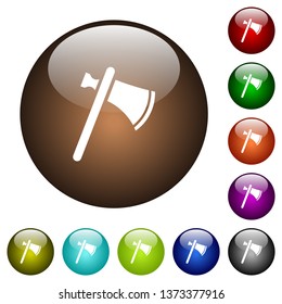 Single tomahawk white icons on round color glass buttons