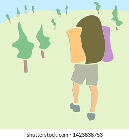 Single tourist with hiking sticks and backpack goes under the valley. Active lifestyle. Applique or paper cut style. Colorful vector illustration.