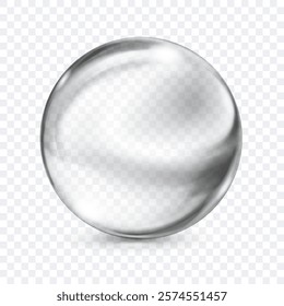 A single, translucent smooth gray sphere with glares and subtle soft shadow beneath it, on transparent background. Vector illustration for design projects and creative works.