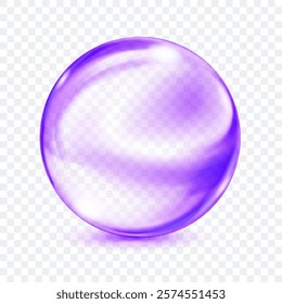 A single, translucent smooth purple sphere with glares and subtle soft shadow beneath it, on transparent background. Vector illustration for design projects and creative works.