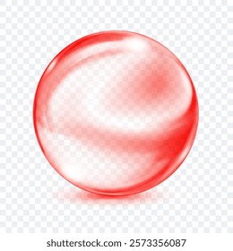 A single, translucent smooth red sphere with glares and subtle soft shadow beneath it, on transparent background. Vector illustration for design projects and creative works.