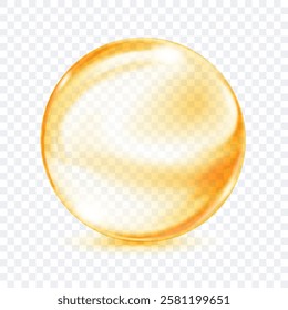 A single, translucent smooth yellow sphere with glares and subtle soft shadow beneath it, on transparent background. Vector illustration for design projects and creative works.