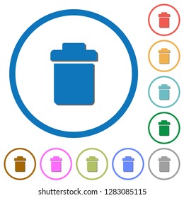 Single trash flat color vector icons with shadows in round outlines on white background
