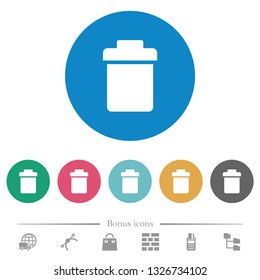 Single trash flat white icons on round color backgrounds. 6 bonus icons included.