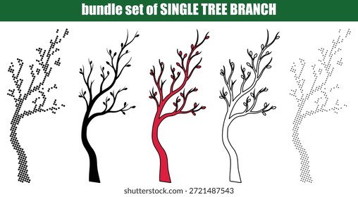Einzelbaum Zweig Silhouette mit eleganten Linie Art Twigs und abstrakte gepunktete Schattierung; Kreative Punktkunst und Outline-Vektor eines botanischen Elements für Nature Branding.