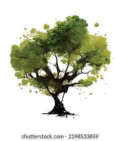 Single tree with a dense green crown isolated on a white background. Hand drawn vector illustration in ink grunge style.