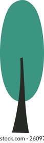 A single tree is depicted in a flat style with a rounded crown and a slender trunk.  The image shows a plant with simple forms and a basic silhouette. Cartoon vector illustration