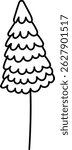A single tree is depicted in a minimalist line drawing.  The evergreen is shown with layered branches and a thin trunk. Cartoon vector illustration