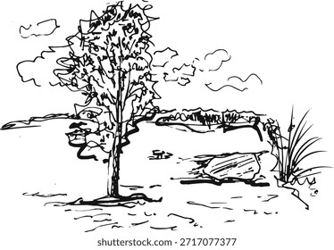 Árvore única no campo gramado natureza paisagem esboço