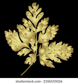 Single tree leaf. Golden glossy silhouette on black background. Isolated vector illustration.