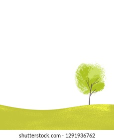 Single tree on green hill. Simple landsape scene, nature background with place for text