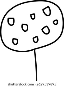 A single tree with a rounded crown and small fruits using a bold outline style.  This minimalistic plant has a thin trunk and many small round items on its branches. Cartoon vector illustration