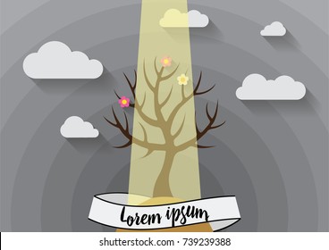 Single Tree with some flowers. Dark Sky. White Ribbon