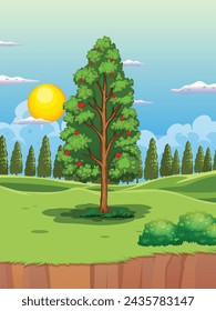 single tree vector with green background 