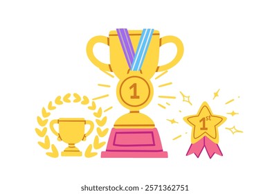 Single trophy with medals, laurels, and stars in gold, pink, and blue. Perfect for awards or celebratory designs. Vector illustration