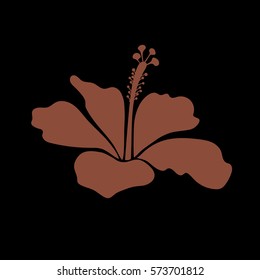 Single tropical flower in brown on black colors. Isolated hibiscus vector icon.