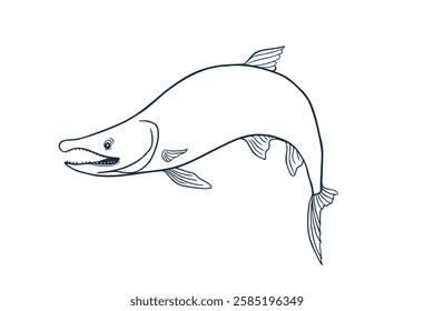 Single trout silhouette black white vector illustration. Salmon sketch hand drawn. Nerka sea fish painted ink linear art. Sockeye drawing in outline. Design element for package, label, sign board.