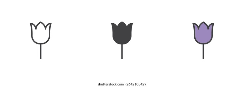 Single tulip flower icon with stem shown in line, solid and filled outline vector style. Elegant floral symbol for spring and decorative design themes.
