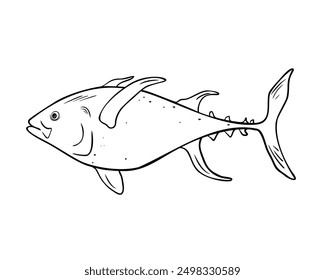 Solo atún pescado blanco y negro Ilustración vectorial aislada. Silueta de tinta dibujada a mano Kingfish. Contorno simple de pescado y caballa. Coleta amarilla en el arte de línea para el paquete, etiqueta, menú, mercado