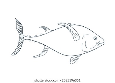 Single tuna fish black white vector illustration. Sea fish sketch hand drawn. Yellowfin tuna painted ink linear art. Kingfish drawing in graphic outline. Design element for package, label, sign board.