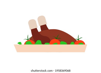 Single turkey or chicken dishes with tomatoes, salad isolated on white. Vector illustration in flat style