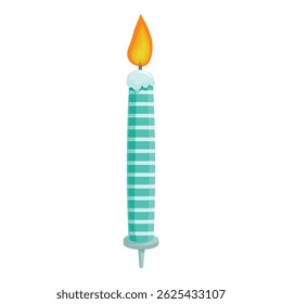 Single turquoise striped birthday candle is burning with a bright yellow flame