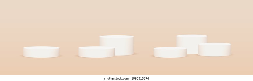 Single, Two, Three stages or cylinder platforms or pedestals on pastel pink background. Set of platforms. Cream, sepia, pastel colors. Three-dimensional 3d white stages. Vector illustration