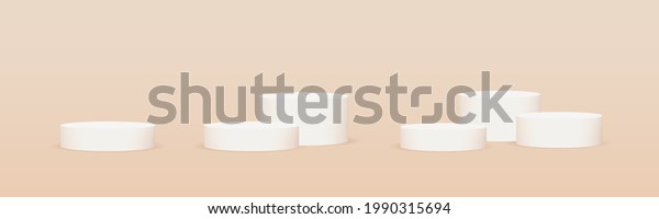 Single, Two, Three stages or cylinder\
platforms or pedestals on pastel pink background. Set of platforms.\
Cream, sepia, pastel colors. Three-dimensional 3d white stages.\
Vector illustration