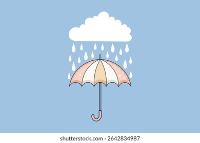 Single umbrella with falling water drops in vector style, cartoon flat rainy weather scene with soft colors for nursery and children-themed backgrounds

