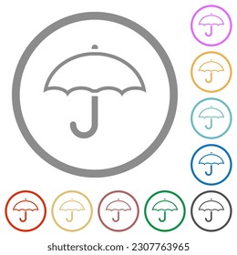 Single umbrella outline flat color icons in round outlines on white background