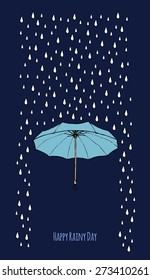 Single umbrella in the rain with the text block. Dark sky. Templates for design of cards, banners and flyers. Editable vector.