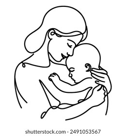 Single, unbroken line capturing a mother's gentle embrace with her child.