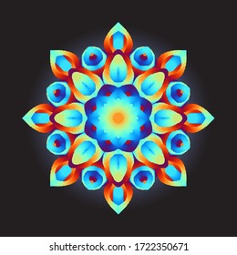 Single unique geometric flower mandala face for art and pattern template. Perfect for clothing, art, souvenir, background, scarf, wrapping, wallpaper, and cover. Blue, orange, yellow, and purple.