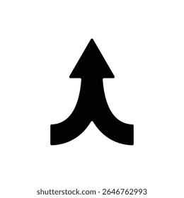 Single upward merging arrow icon in black silhouette used in signage, user interfaces, or flowcharts.