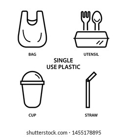 Single use plastic, bag, utensil, cup and straw icons set. Campaing to Stop using plastic products. Stroke outline style. Vector. Isolate on white background.