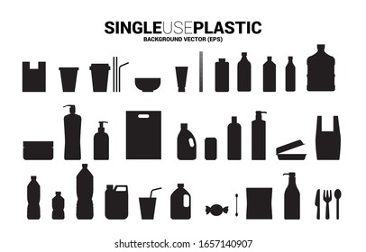 Single Use Plastic Icon. Silhouette Of  Plastic Bottle, Bag , Cup, Blow, Spoon, Fork, Knife.