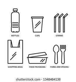 Single use plastic icons set, bottle, cup, straws, bag, food package, fork and spoon. Stroke outline style. Vector. Isolate on white background.