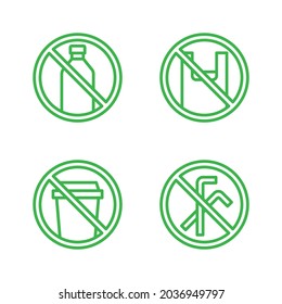 Single use plastic icons set. Simple design. Line vector. Isolate on white background.