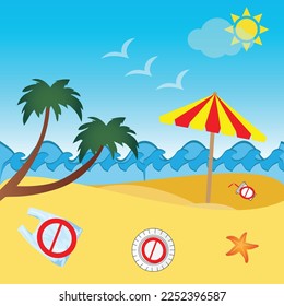 Single use plastic objects like bag, plate and drinking glass with prohibition sign on the beach