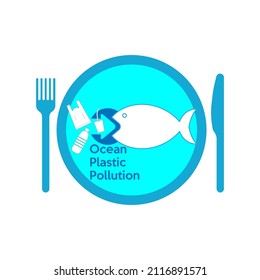 Single use plastic waste enter the ocean and affect the food chain. Ocean plastic pollution concept. Vector illustration outline flat design style.