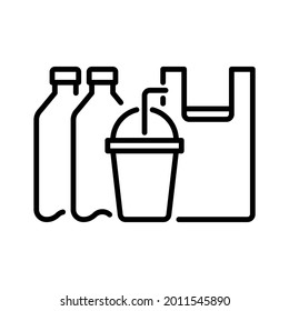 Single use plastics, cup, straw, bag and bottle icon. Line vector. Isolate on white background.