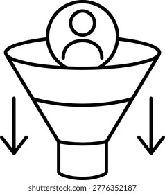 Single user icon within a funnel with downward arrows representing user flow conversion or potential drop off in a process