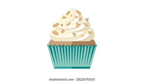 single vanilla cupcake topped with creamy white frosting and light brown sprinkles displayed in teal ridged wrapper on plain white background