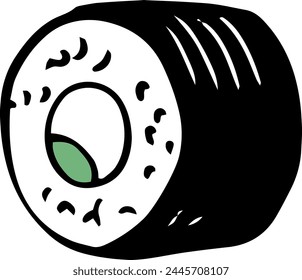 Single vector avocado sushi roll hand drawn doodle style side view isolated on white background